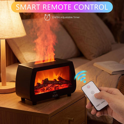 Simulated Fireplace Aroma Diffuser, 200mL Humidifier with Sound Pickup RGB Flame Lights, Timer & Remote Control, 7.5W Quiet Essential Oil Diffuser for Home, Bedroom, Office
