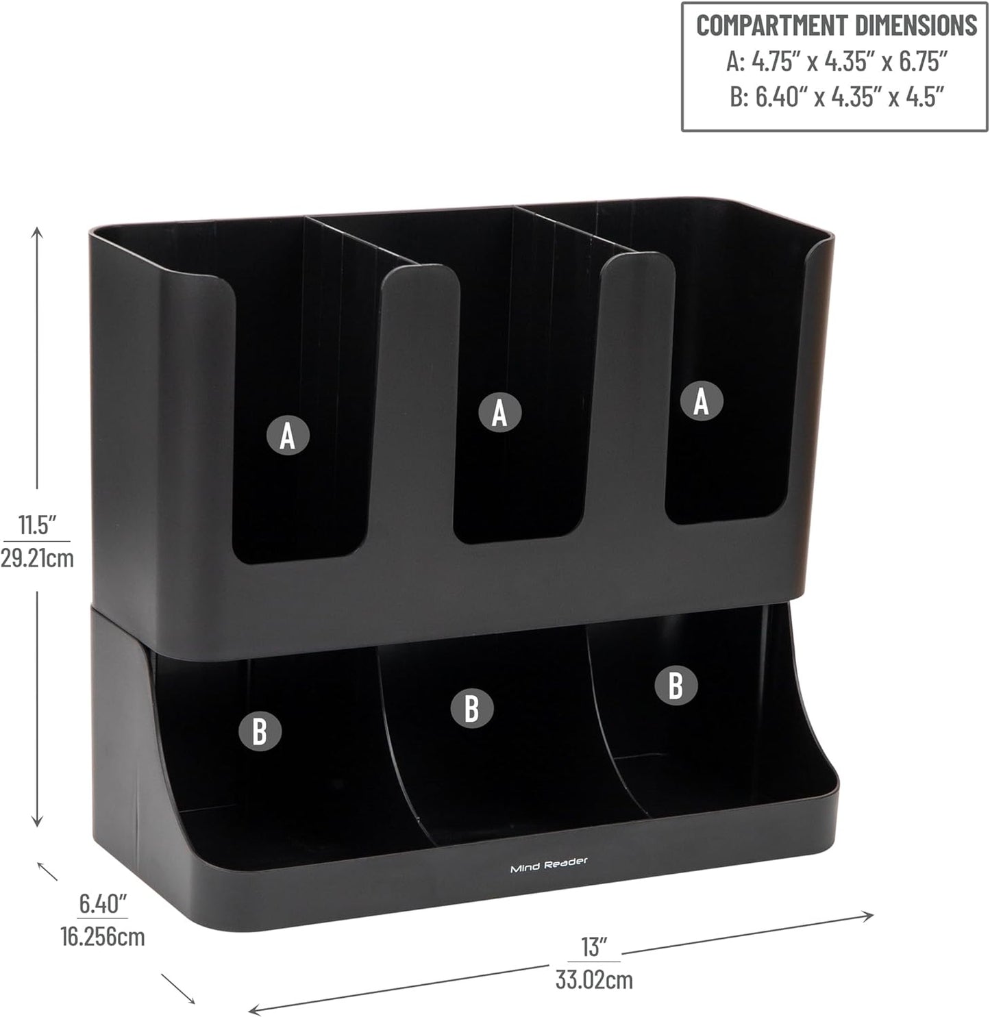 Mind Reader Condiment Station, 13 Inch Countertop Coffee Bar Organizer with 6 Compartments, Storage Caddy for Cups, Lids and Packets, Plastic, Black