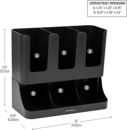 Mind Reader Condiment Station, 13 Inch Countertop Coffee Bar Organizer with 6 Compartments, Storage Caddy for Cups, Lids and Packets, Plastic, Black