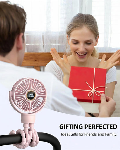 Portable Stroller Mini Fan, Small Rechargeable Personal Fan, Baby Travel Essentials for Wagon, Car Seat, Treadmill, Battery Powered Biking Gear Accessories, 360° Rotation, 3-Speed, Display, Black