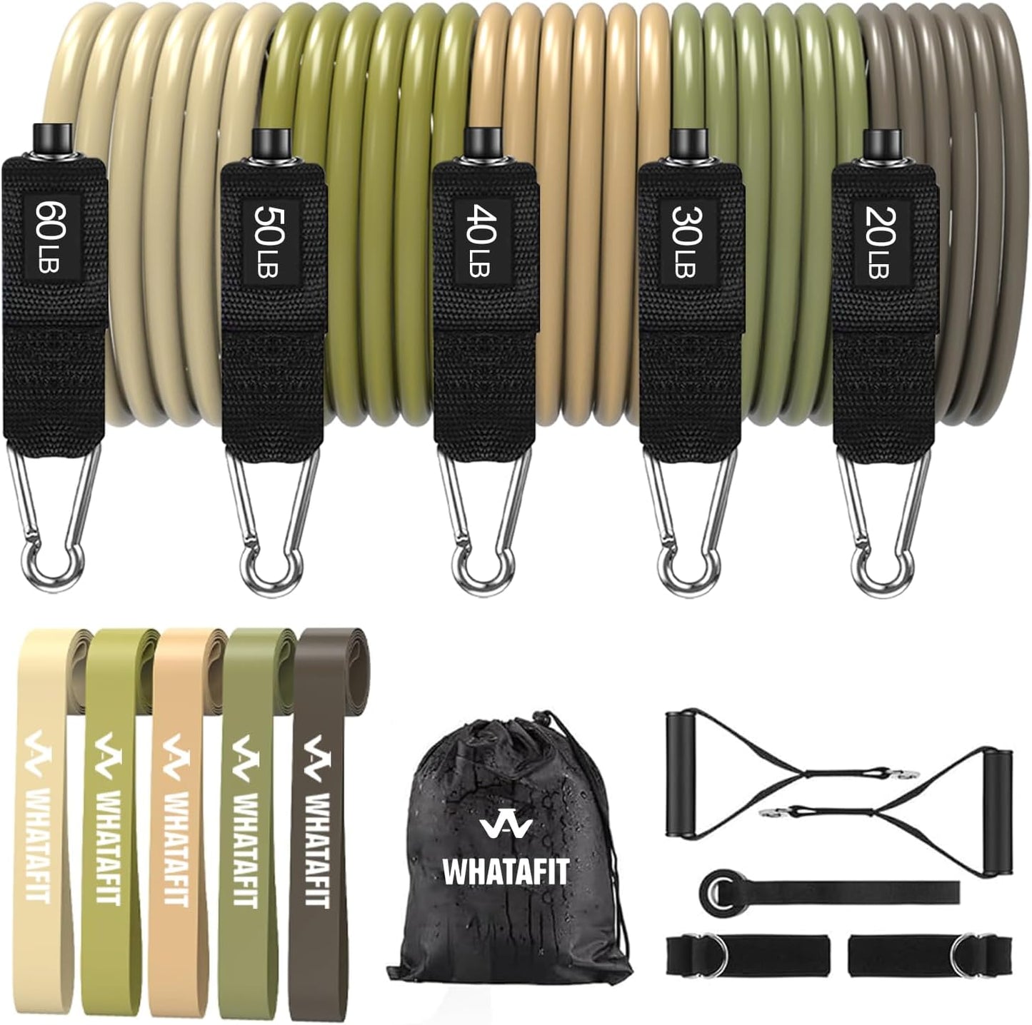 WHATAFIT Resistance Bands, Exercise Bands, Workout Bands with Handles, Door Anchor and Ankle Straps, 5 Resistance Levels Fitness Bands for Strength Training, Physical Therapy, and Home Gym Equipment