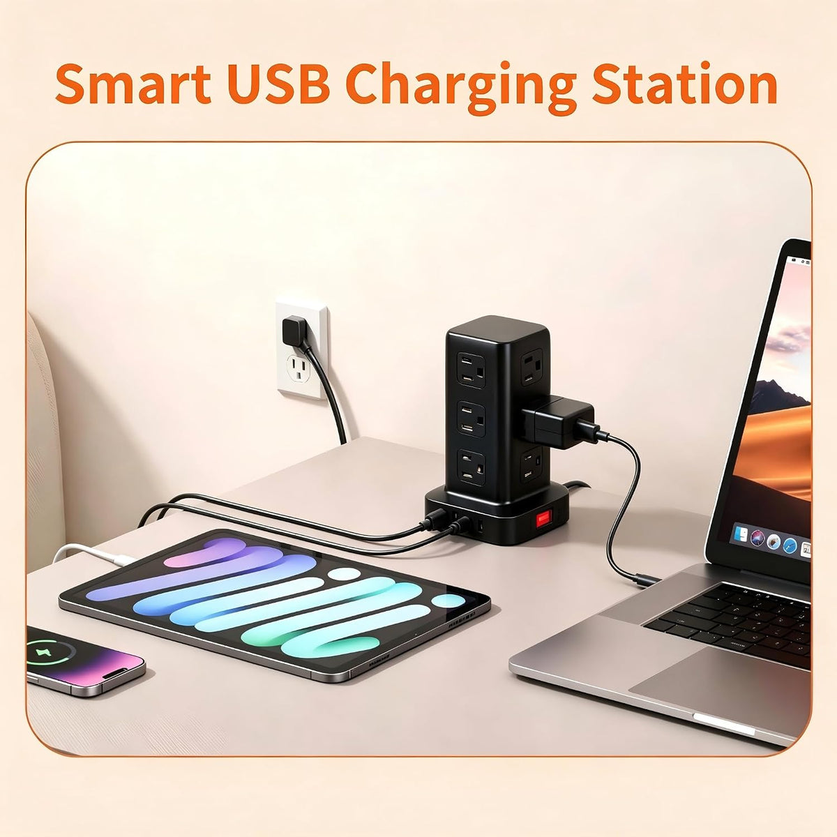 Extension Cord with Multiple Outlets, SMALLRT Power Strip Tower, Outlet Extender with 12 AC Outlets 4 USB, 6.5FT Extension Cord for Home Dorm Room, Office Supplies,Overload Protection