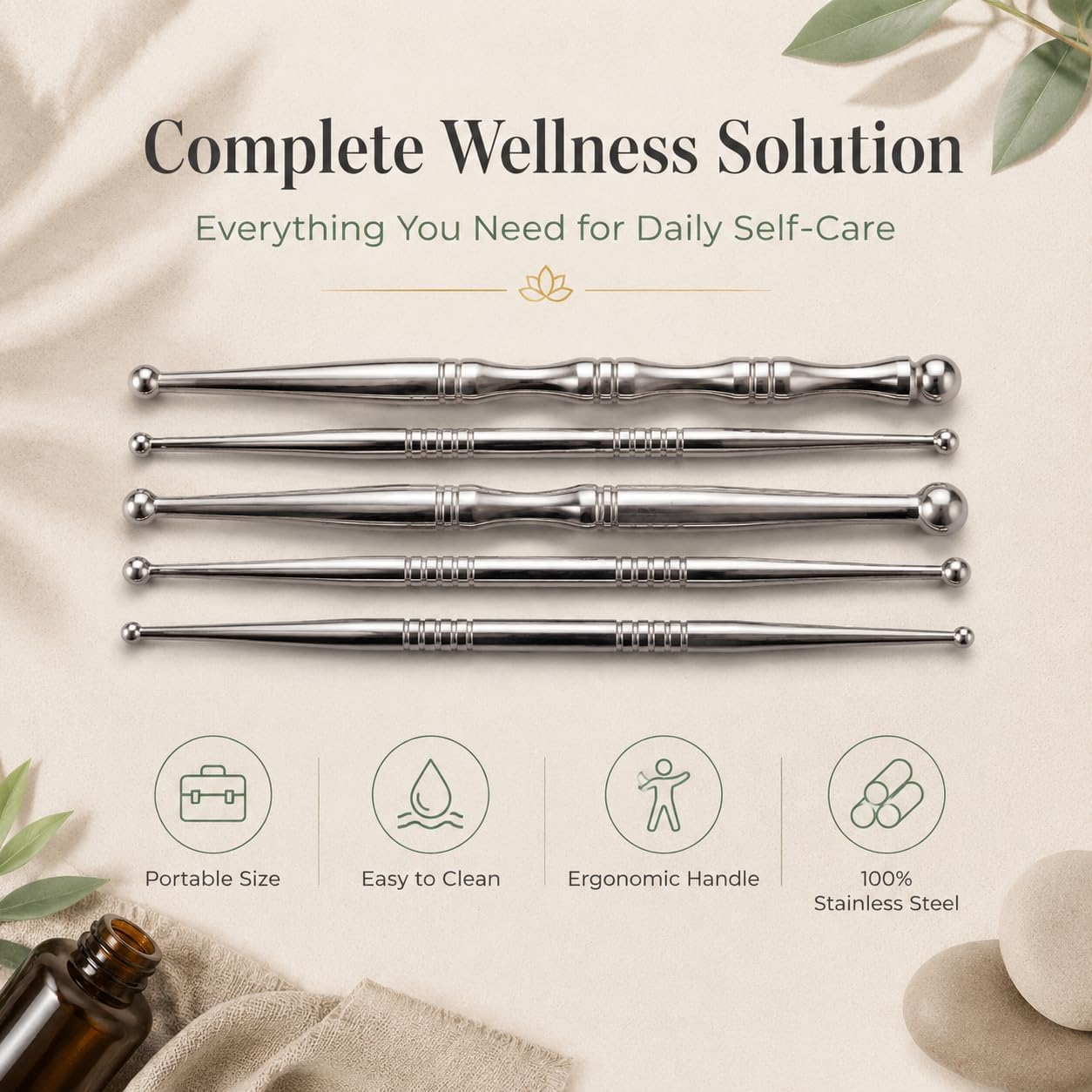 5PCS Stainless Steel Acupressure Tool Set,Trigger Point Massage Tools for Pressure Point Therapy, Reflexology & Deep Tissue Massage, Professional Meridian Massage Sticks for Face, Body & Muscle Relief