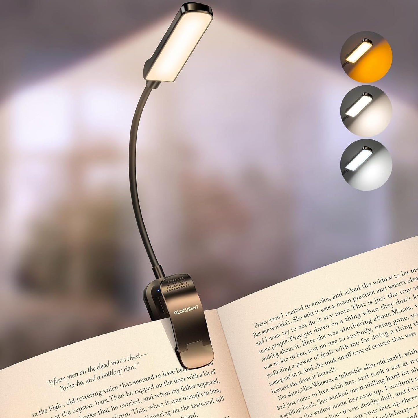 Glocusent 13 LED Reading Lights for Books in Bed, Eye-Caring Rechargeable Book Light 3 Amber Colors & Stepless Dimming, 120 Hrs Runtime, Travel Clip on Reading Lamp, Gifts for Book Lover Men Women Kid