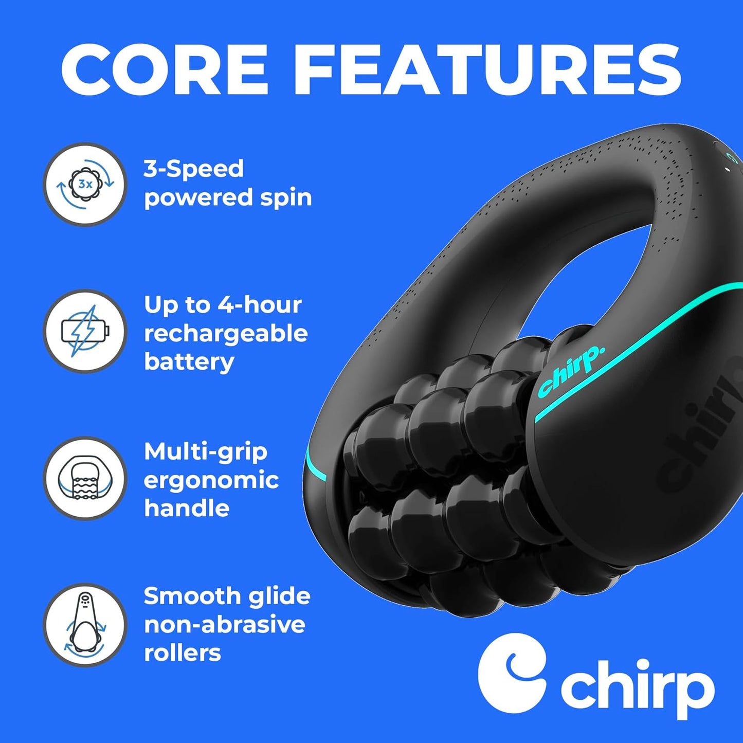 Chirp RPM Rolling Percussive Massager – Deep Tissue Muscle Massager and Back Roller with Hands-Free Base, Rechargeable Leg Massager Roller, 5-Speed Massage Roller Stick for Legs, Foot & Calf Massager