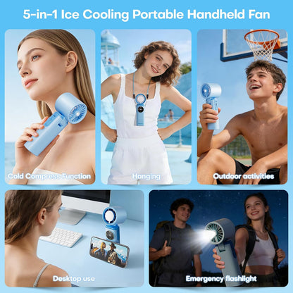 6000mAh Portable Handheld Fan with Ice Cooling, 199 Levels Stepless Speed, 20H Long Battery Life, 20000RPM Turbo Fan Rechargeable Personal Mini Fan for Travel, Outdoor, Makeup