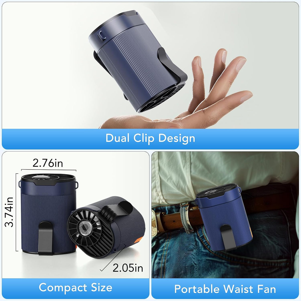 Portable Waist Fan, Rechargeable 3000mAh Battery, 25H Runtime, 6600RPM Turbo Dual Clip, 4 Speeds Adjustable, Belt Fans for Hiking, Riding, Fishing, Hands-Free Hanging Fan Gifts for Worker