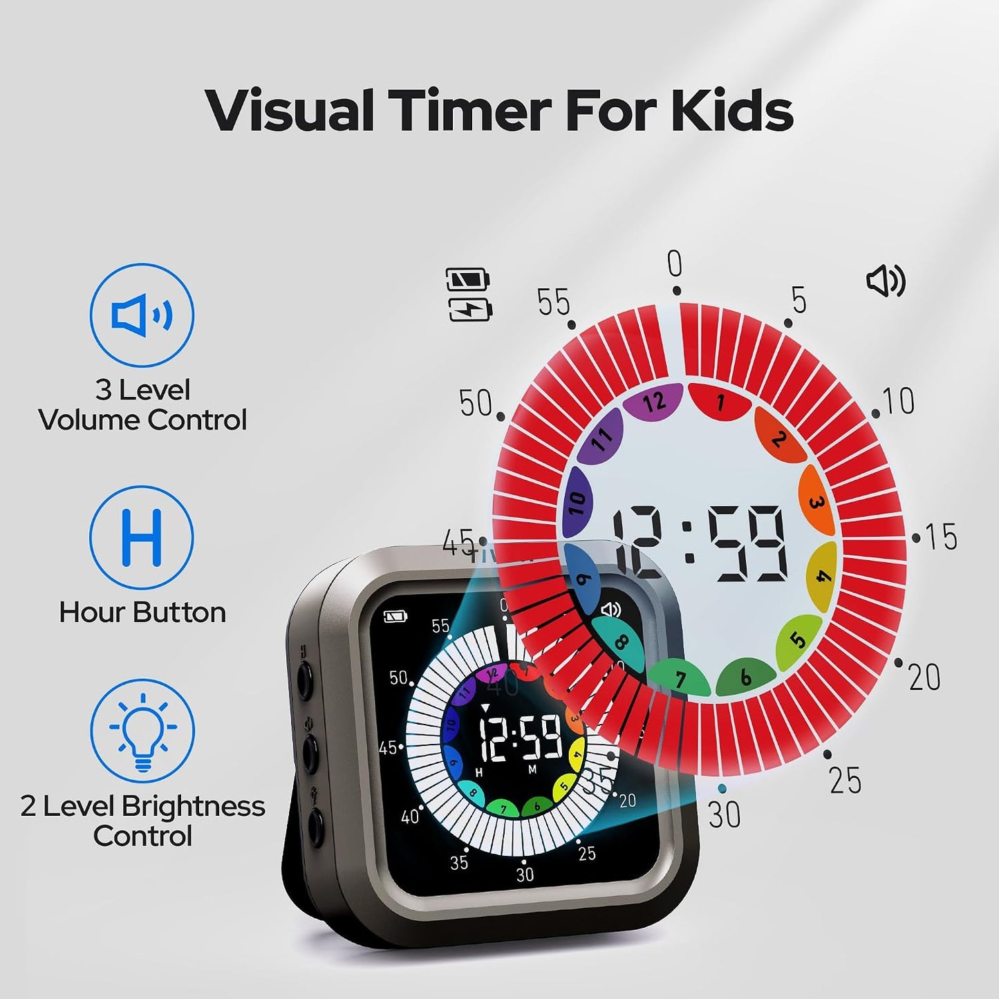 Visual Timer for Kids with Color Display Kitchen Timer 1500mAh Battery | Memory Function Scroll Wheel Control, Magnetic Back with Stand, Up to 12h59m Countdown, Kitchen, Study & Classroom