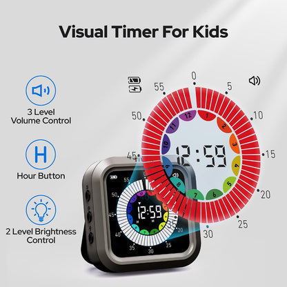 Visual Timer for Kids with Color Display Kitchen Timer 1500mAh Battery | Memory Function Scroll Wheel Control, Magnetic Back with Stand, Up to 12h59m Countdown, Kitchen, Study & Classroom