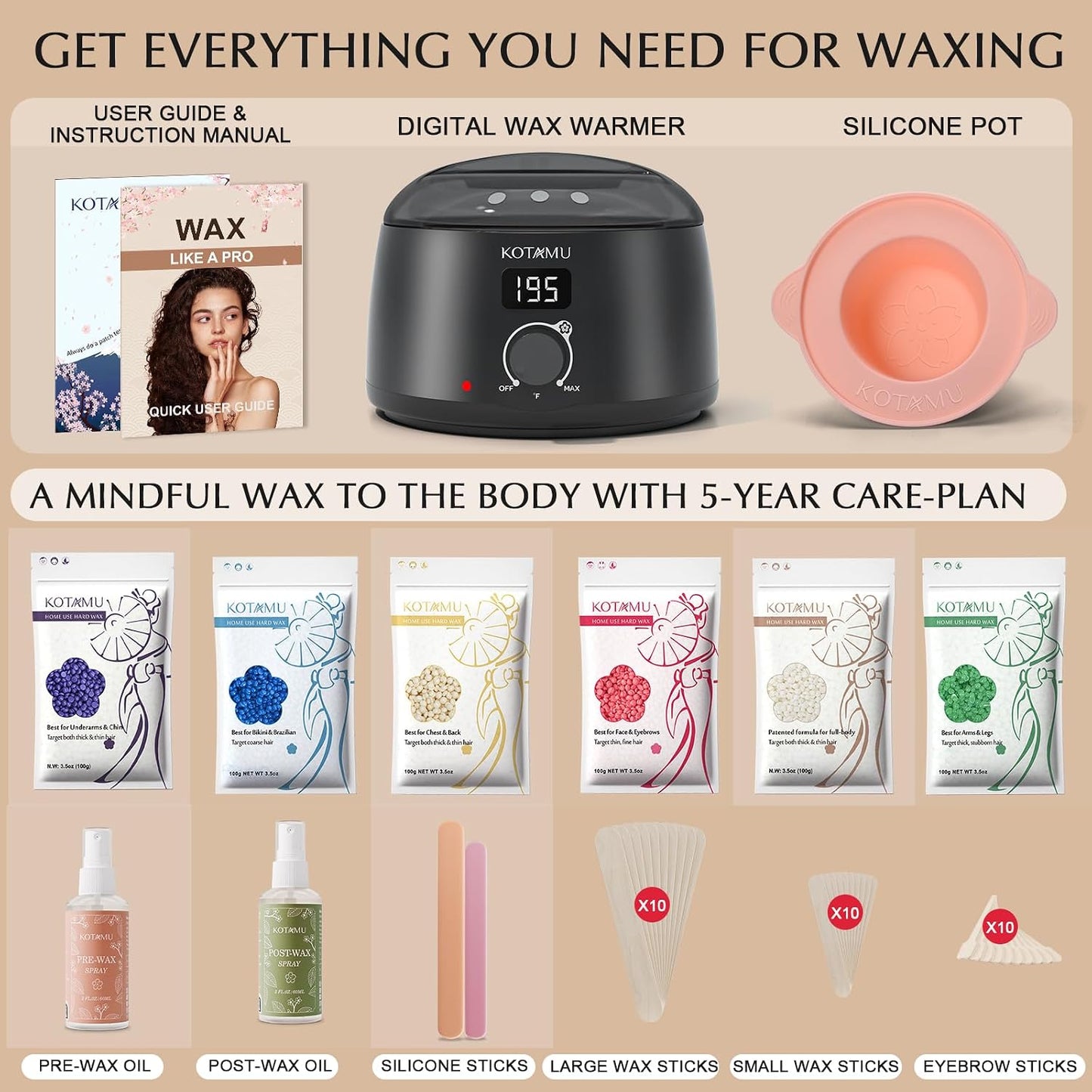 KOTAMU Waxing Kit for Women & Men, Pink Digital Wax Pot Warmer Hair Removal | Home Hard Wax Kit, Wax Machine, Face, Eyebrow, Bikini, Brazilian, Body, Sensitive Skin, 25 Accessories, Beginner-Friendly
