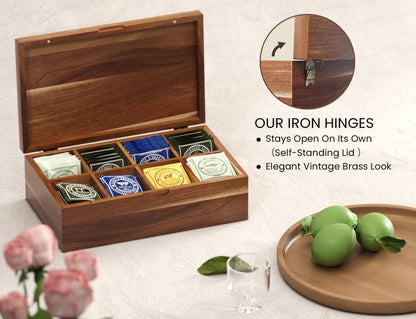 Acacia Wood Tea Bag Organizers, Tea and Sugar Packet Storage Chest with Lid, Wooden Teabag Holder Containers,Storage Box Teabox with 6 Compartments