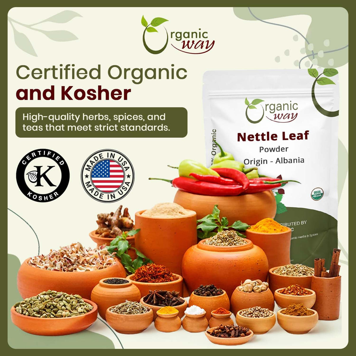 Organic Way Nettle Leaf Powder - Herbal Tea - 100% Raw from Albania (8 Oz)