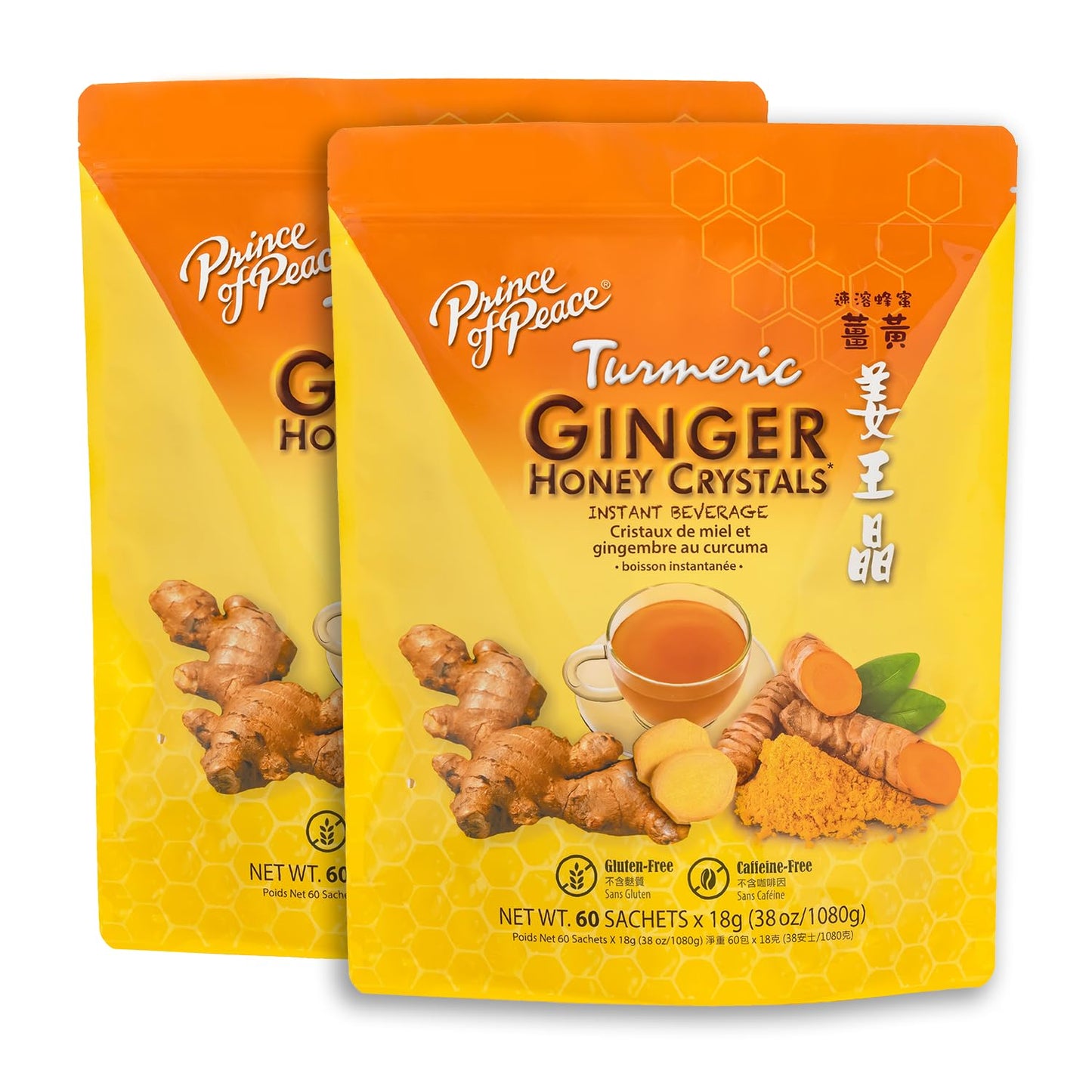 Prince of Peace Instant Ginger Honey Crystals with Turmeric, 60 Sachets - pack of 2 – Instant Hot or Cold Beverage that Soothes Throat – Easy to Brew – Drink Like a Tea – Gluten Free – Real Ginger