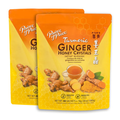 Prince of Peace Instant Ginger Honey Crystals with Turmeric, 60 Sachets - pack of 2 – Instant Hot or Cold Beverage that Soothes Throat – Easy to Brew – Drink Like a Tea – Gluten Free – Real Ginger