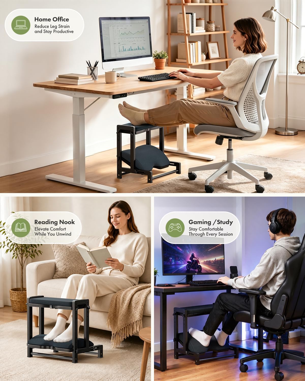 Amazer Bamboo Under Desk Footrest with Cushion 3-in-1, Reversible Ergonomic Wood Rocking Foot Rest for Under Desk at Work, Adjustable Foot Stools with Washable Cover, Desk Leg Rest for Home Office