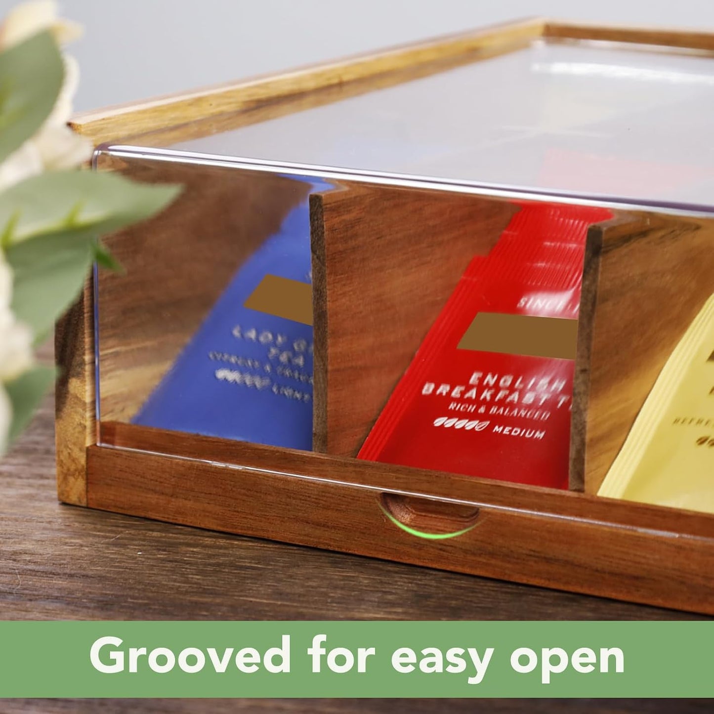 HTB Acacia Wood Tea Bag Organizer Storage Box with 6 Compartments