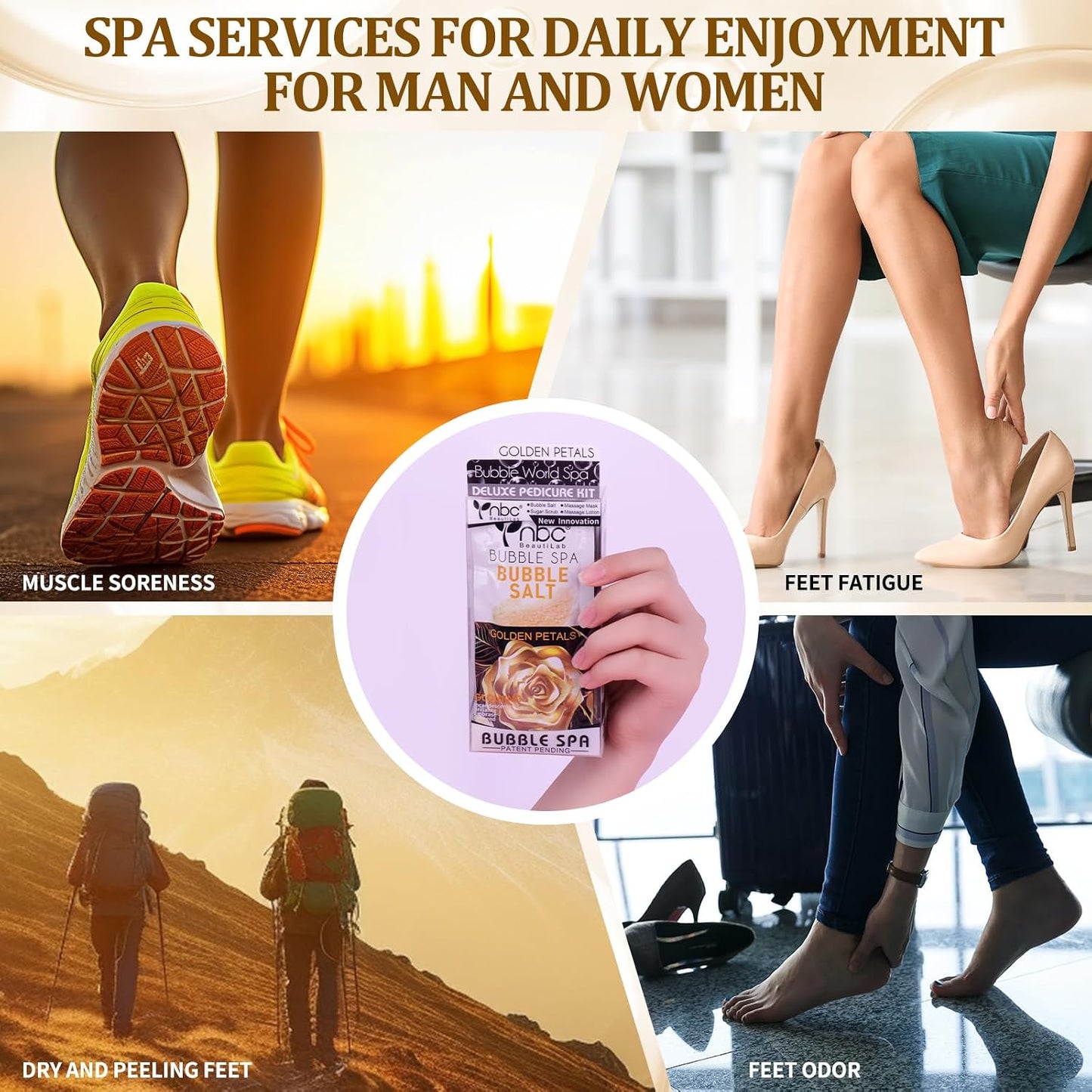 Pedicure Kit Foot Soak Set: Bubble Salt, Sugar Scrub, Massage Mask, Massage Lotion in a Box, 4 Step Foot Spa Kit for Dry Feet, Softens Calluses, Tired Feet（3 Set Lavender) - Colors A