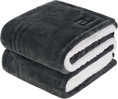 Sealy Heated Blanket Throw with Built-in Button Controller, Reversible Flannel to Sherpa Electric Blanket with 2-10 Hours Auto-Off & 4 Heating Levels, Over-Heat Protection, 50x60 inch, Beige