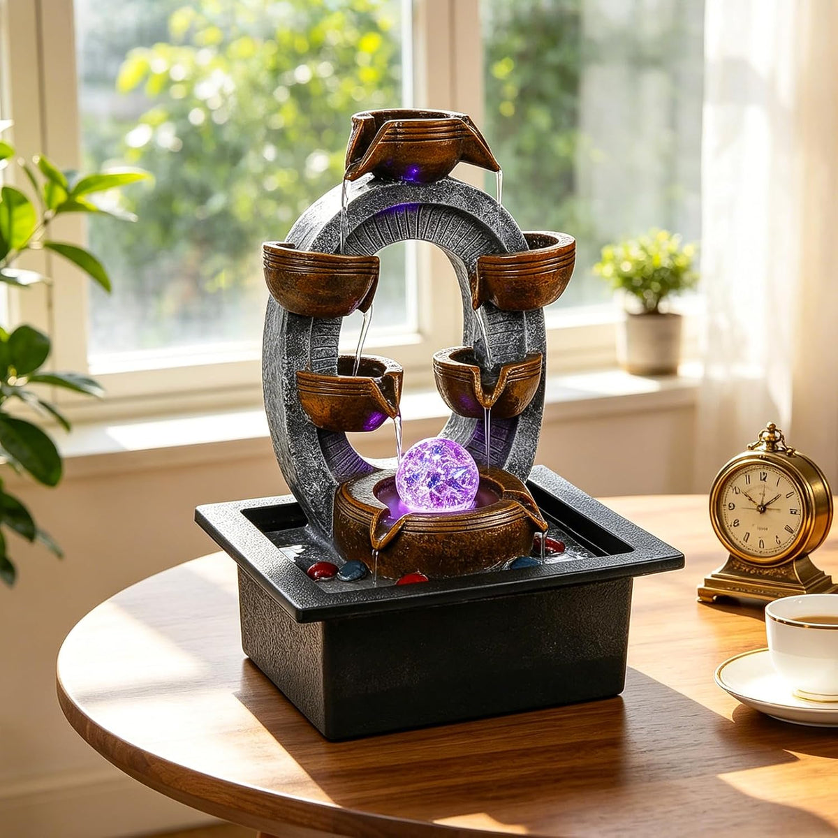 GOESWELL Water Fountain for Indoor Tabletop: Antique Bronze Fairy Statue Tabletop Waterfall with Rotating Crystal Ball for Desk - Small Zen Meditation Decor for Home Office Bedroom Relaxation