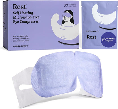 CorneaCare Rest: Self Heating Warm Compress for Dry Eyes | Heated Eye Mask for Fast Relief | Steam Mask for Stye Treatment | No Microwave or Washcloth Needed | Travel Ready Warm Compress | 30 Count