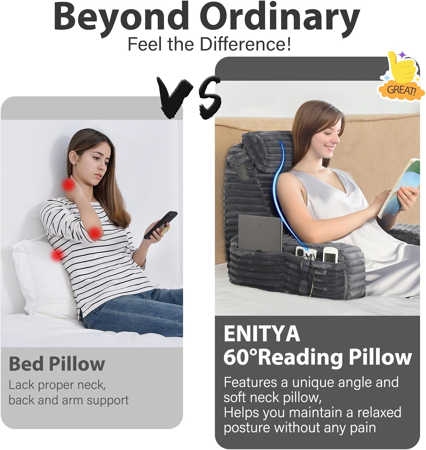 ENITYA 22" XL Back Pillow for Bed Sitting Up, Reading Pillow with Armrests & Big Pockets, Soft Back Support Chair, Ideal for Watching TV, Gaming, Nursing, Resting, Post Surgery, Dark Grey