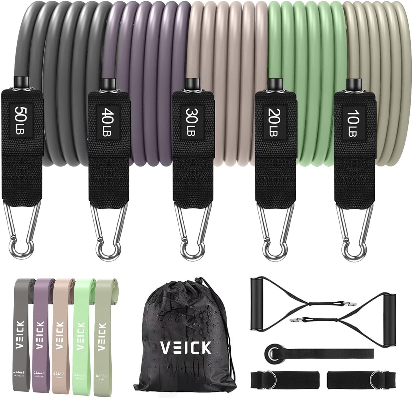 VEICK Resistance Bands Set, 10-150 LBS Stackable Exercise Bands with Handles, Ankle Straps & Door Anchor, Workout Bands for Home Gym, Yoga, Pilates, Physical Therapy for Men Women