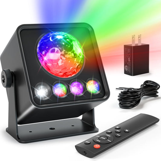Disco Ball Party Lights Disco Light Sunset Lamp Projector with RGB+UV+White+YGB Sound Activated LED DJ Strobe Stage Light for Home Parties Living Room/Christmas/Halloween/Birthday/Wall/Décor
