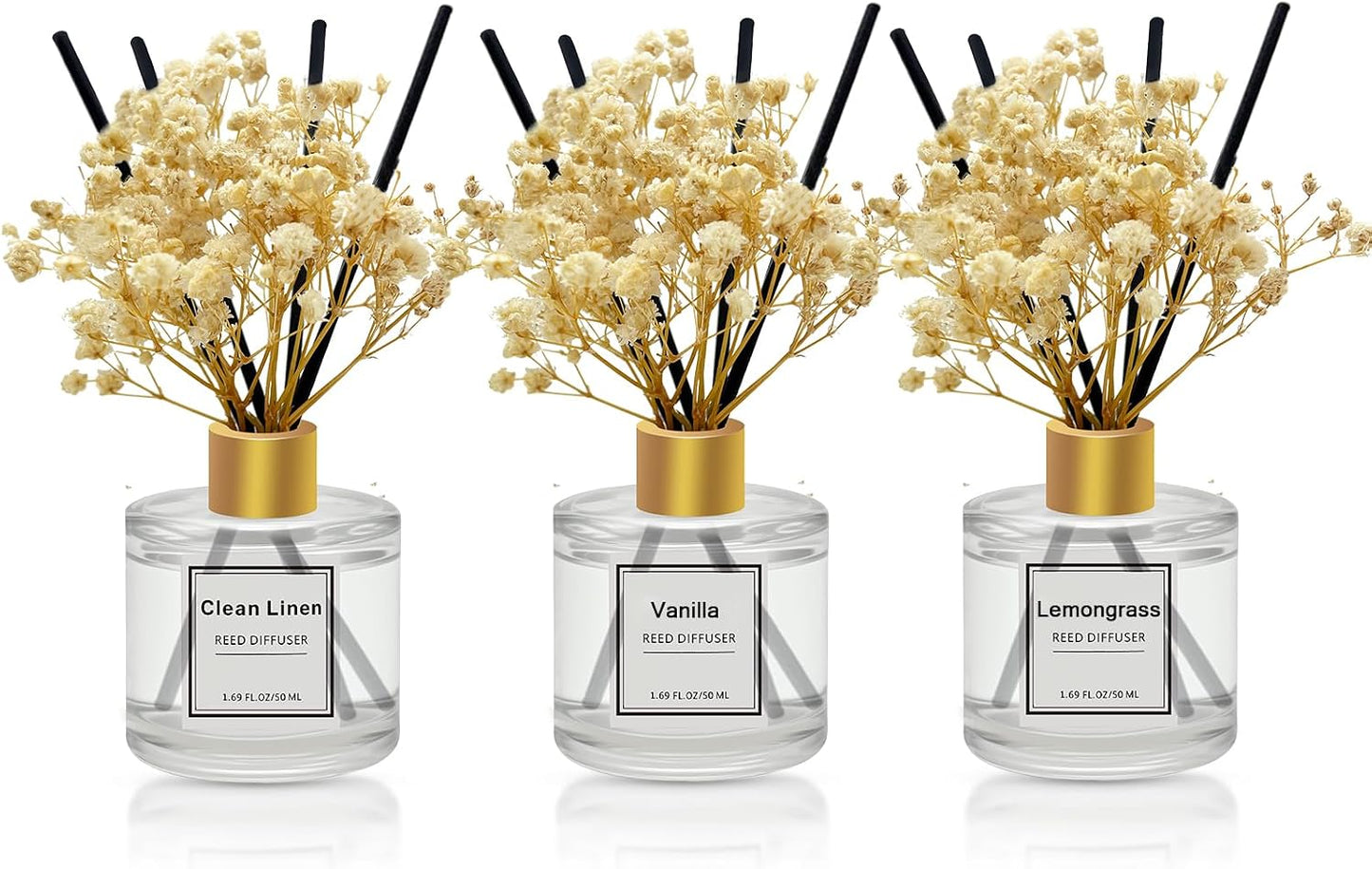 Reed Diffuser Set of 3 Pack,Clean Linen,Eucalyptus & Mint,Ocean Scented Oil Diffuser with 4 Sticks,Reed Diffusers for Home,Living Room,Bathroom Air Freshener Diffuser,50ml x 3
