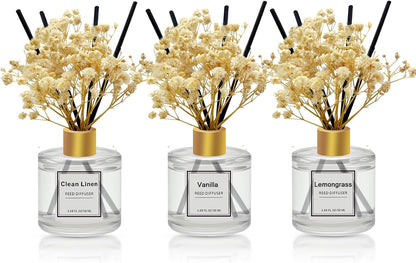 Reed Diffuser Set of 3 Pack,Clean Linen,Eucalyptus & Mint,Ocean Scented Oil Diffuser with 4 Sticks,Reed Diffusers for Home,Living Room,Bathroom Air Freshener Diffuser,50ml x 3