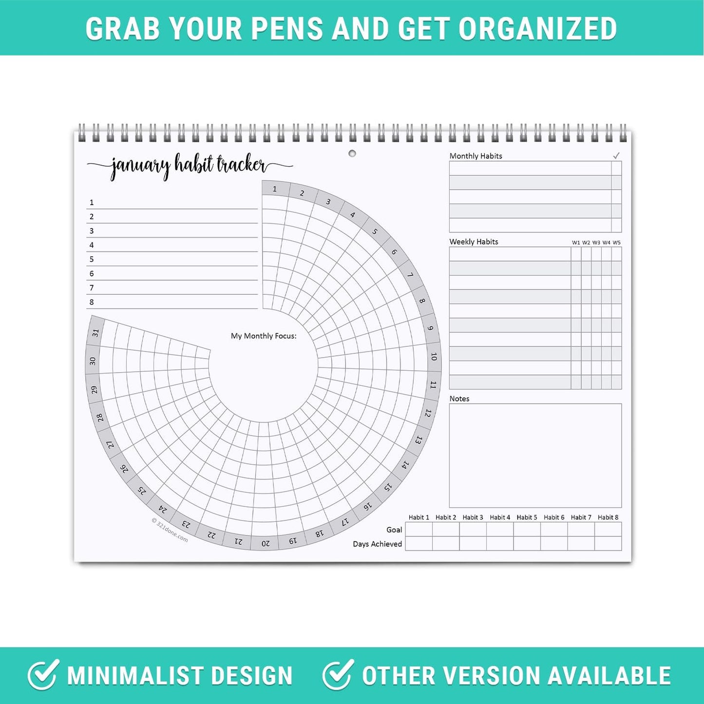 321Done Habit Tracker Calendar Pad, 8.5x11 Monthly, Made in USA