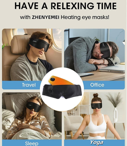 Heated Eye Masks for Dry Eyes, Cordless Silk Mask, 3 Heat Levels Electric Heating Pad for Eye Strain Relief & Fatigue,Ideal Eye Mask for Men Women,Sleep,Travel（Black）