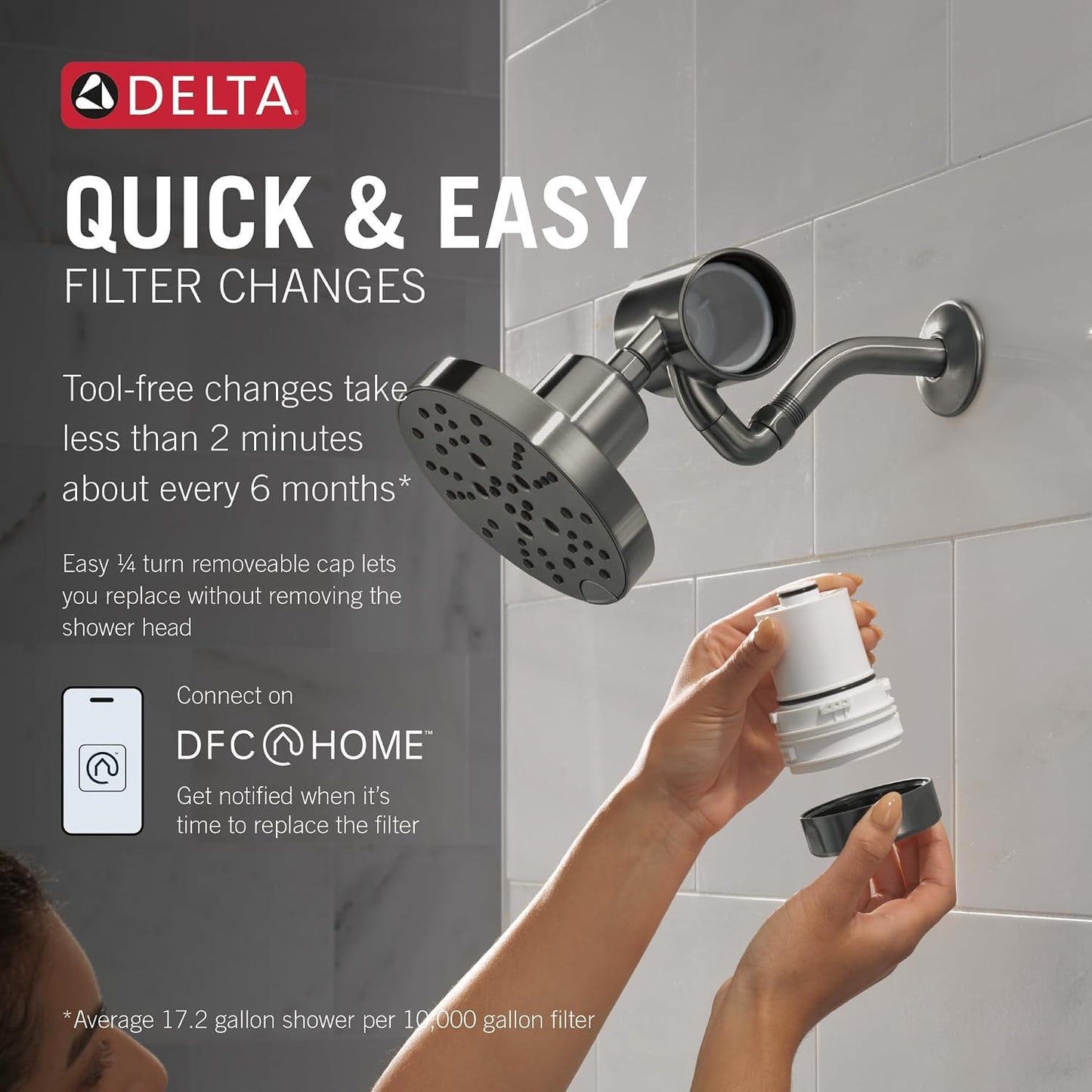 Delta Faucet Clarifi Premium Shower Filter Attachment with Filter, Hard Water Shower Filter, Shower Head Filter, Stainless 5SF100-SS