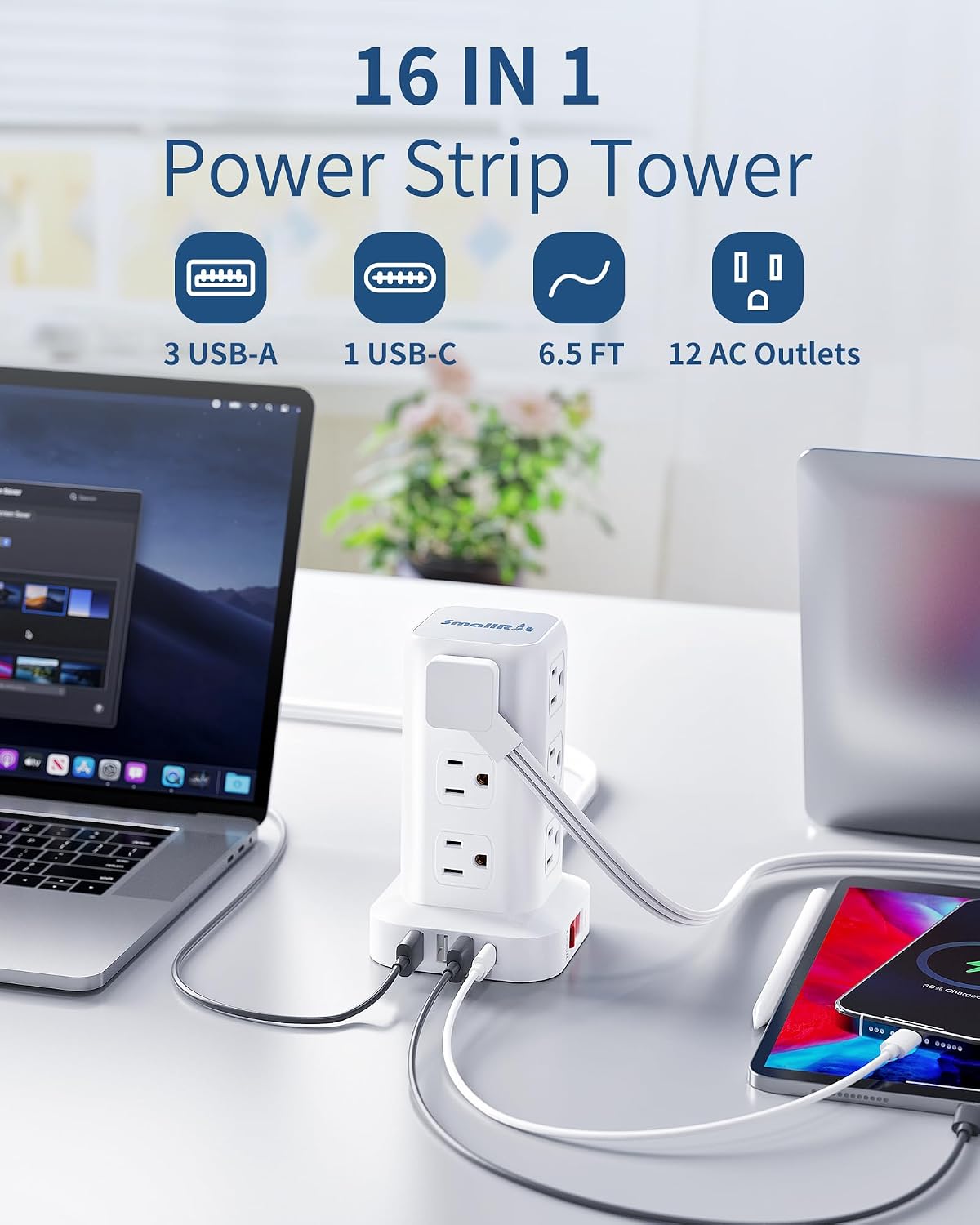 Extension Cord with Multiple Outlets, SMALLRT Power Strip Tower, Outlet Extender with 12 AC Outlets 4 USB, 6.5FT Extension Cord for Home Dorm Room, Office Supplies,Overload Protection