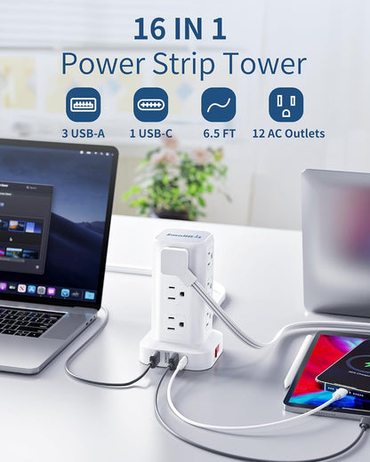 Extension Cord with Multiple Outlets, SMALLRT Power Strip Tower, Outlet Extender with 12 AC Outlets 4 USB, 6.5FT Extension Cord for Home Dorm Room, Office Supplies,Overload Protection