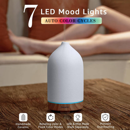 Gooamp 200ML Ceramic Essential Oil Diffuser for Home - Ultrasonic Aromatherapy Diffuser Humidifier with 7 Color LED Lights, Auto Shut-Off, 3 Timers for Bedroom, Office, Yoga, Black