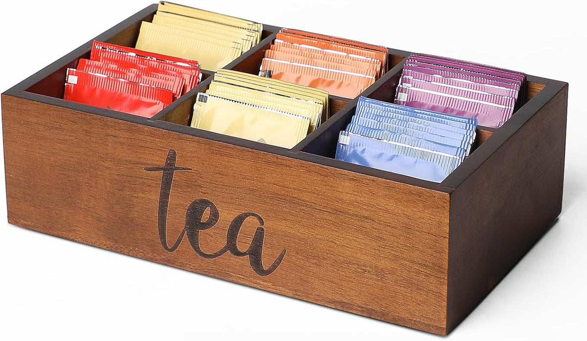 LBEMEY Tea Bag Organizer, Wood Tea Storage Containers with 6 Compartments, Sugar Packet Holder,Tea Bag Caddy Box for Cabinet Countertop Office (Brown-Labeled "Tea")