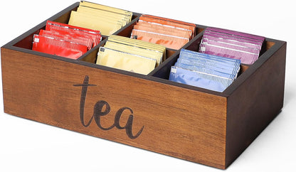LBEMEY Tea Bag Organizer, Wood Tea Storage Containers with 6 Compartments, Sugar Packet Holder,Tea Bag Caddy Box for Cabinet Countertop Office (Brown-Labeled "Tea")