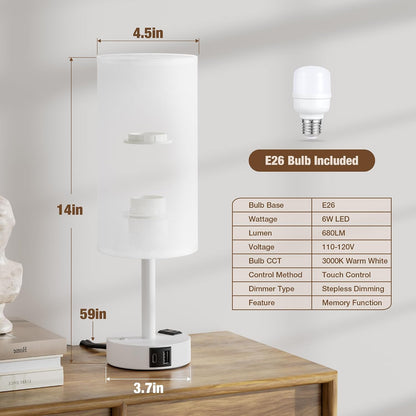 Touch Bedside Table Lamp with Memory - Stepless Dimmable Lamp for Bedroom, Small Nightstand Lamp with Dual USB Charging Ports and AC Outlet, Wood Night Light, Desk Lamp for Nursery, Living Room, Dorm