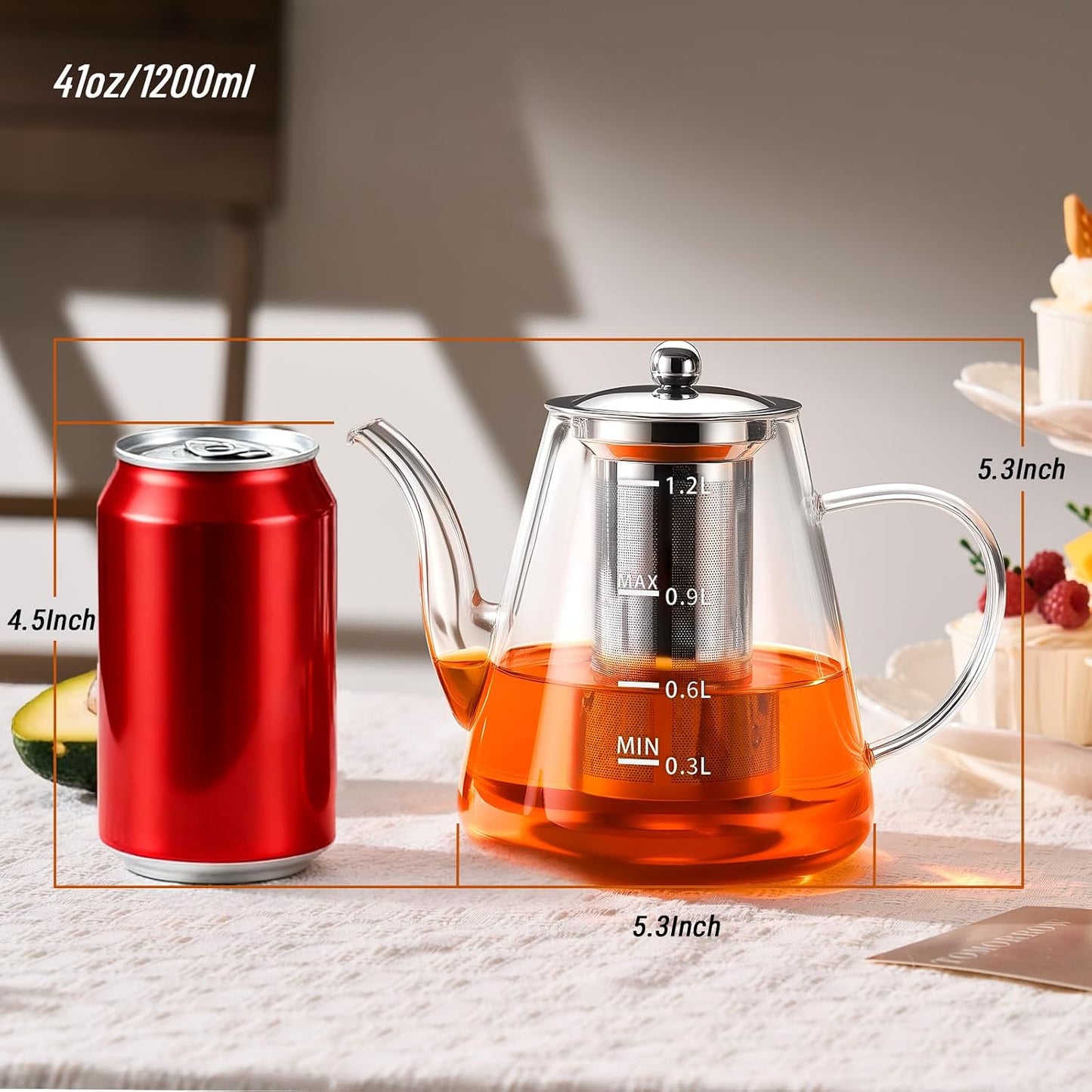 PARACITY Glass Teapot Stovetop 40 OZ/1200ml, Borosilicate Clear Tea Kettle with Removable 18/8 Stainless Steel Infuser, Teapot Blooming and Loose Leaf Tea Maker Tea Brewer for Camping, Travel