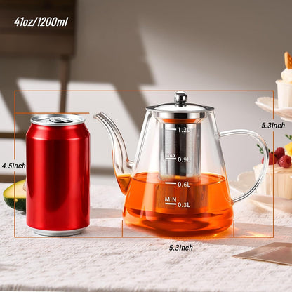 PARACITY Glass Teapot Stovetop 40 OZ/1200ml, Borosilicate Clear Tea Kettle with Removable 18/8 Stainless Steel Infuser, Teapot Blooming and Loose Leaf Tea Maker Tea Brewer for Camping, Travel