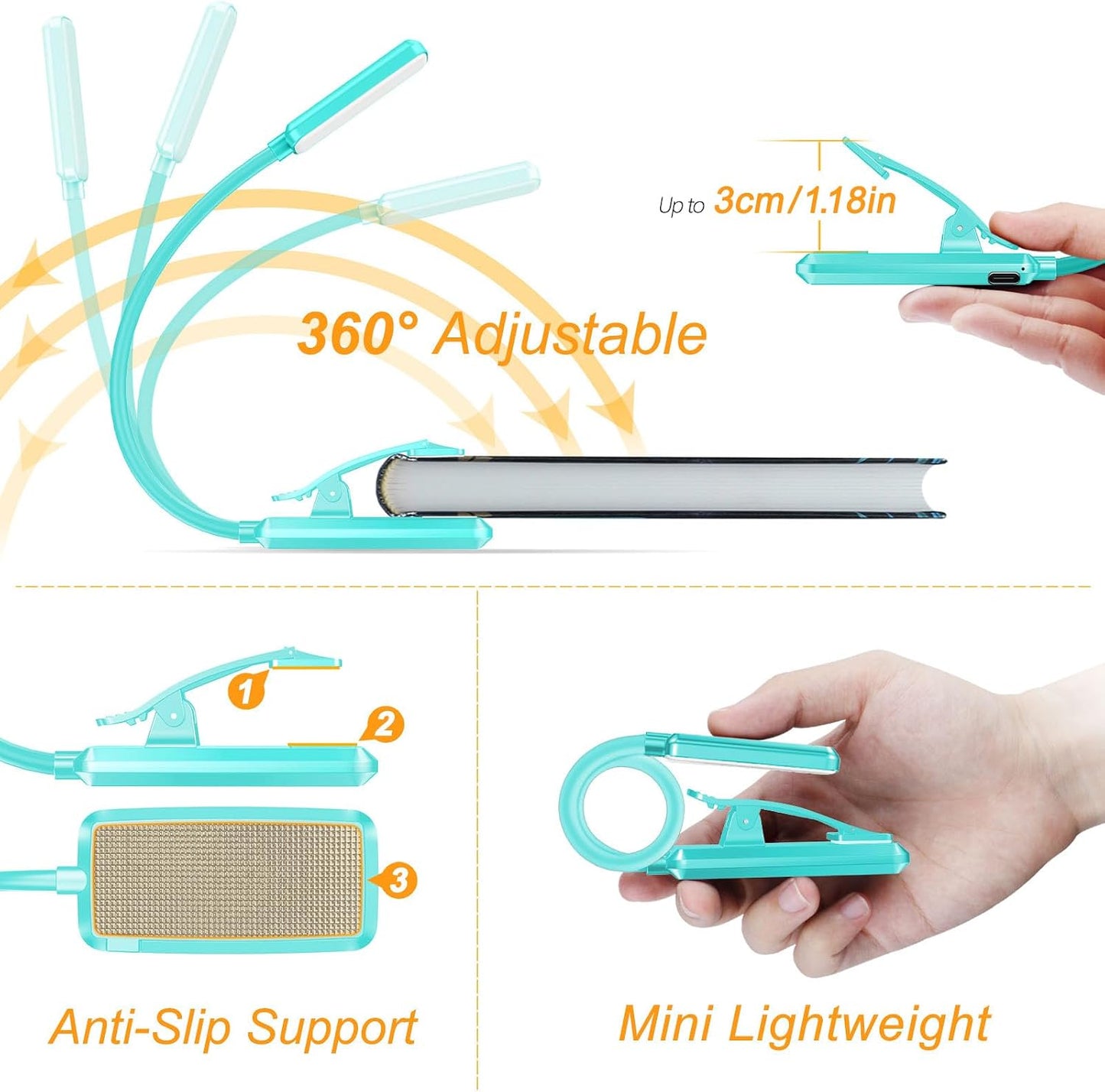 Gritin 9 LED Rechargeable Book Light for Reading in Bed | Eye Caring 3 Color Temps,Stepless Dimming Brightness,80 Hrs Runtime Small Lightweight Clip On Book Reading Light for Studying