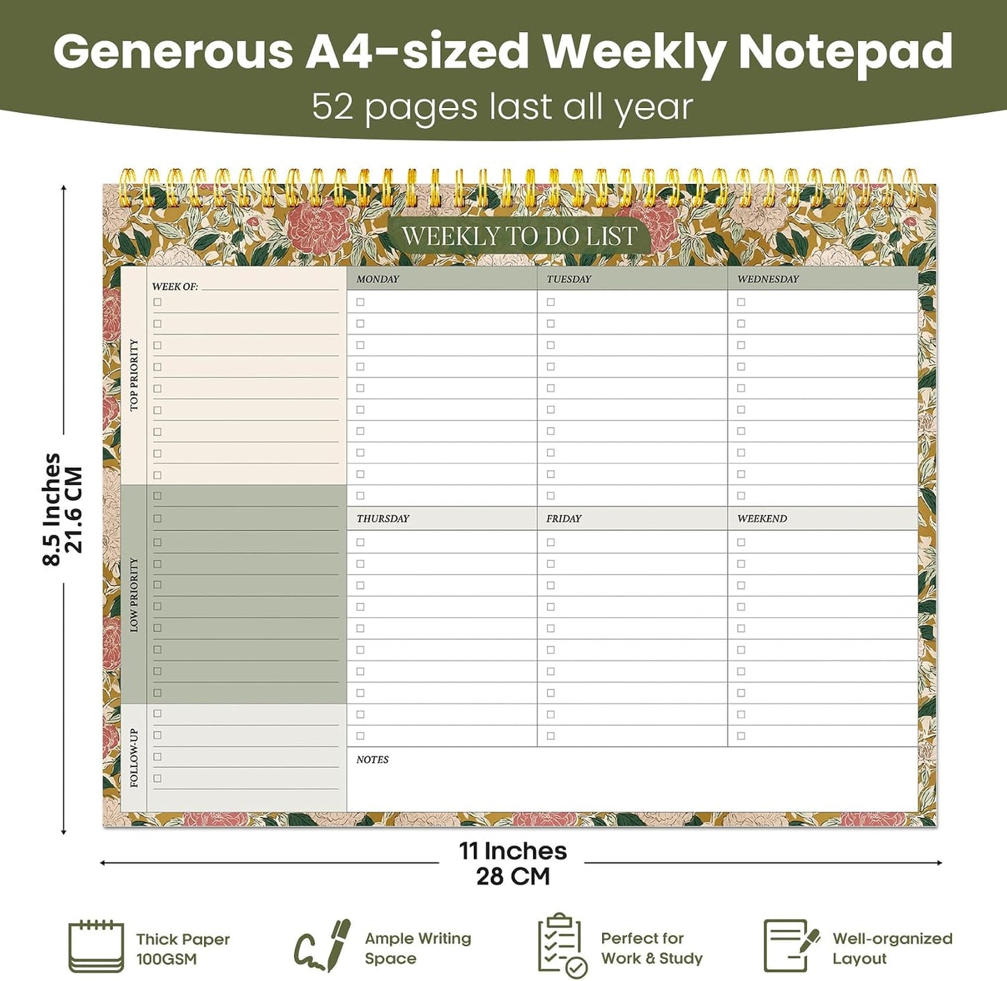 Weekly To Do List Notepad with 52 Undated Sheets（8.5"×11"）- Undated Weekly Planner Notepad for Office Desk Accessories and Supplies - Sunshine Petal