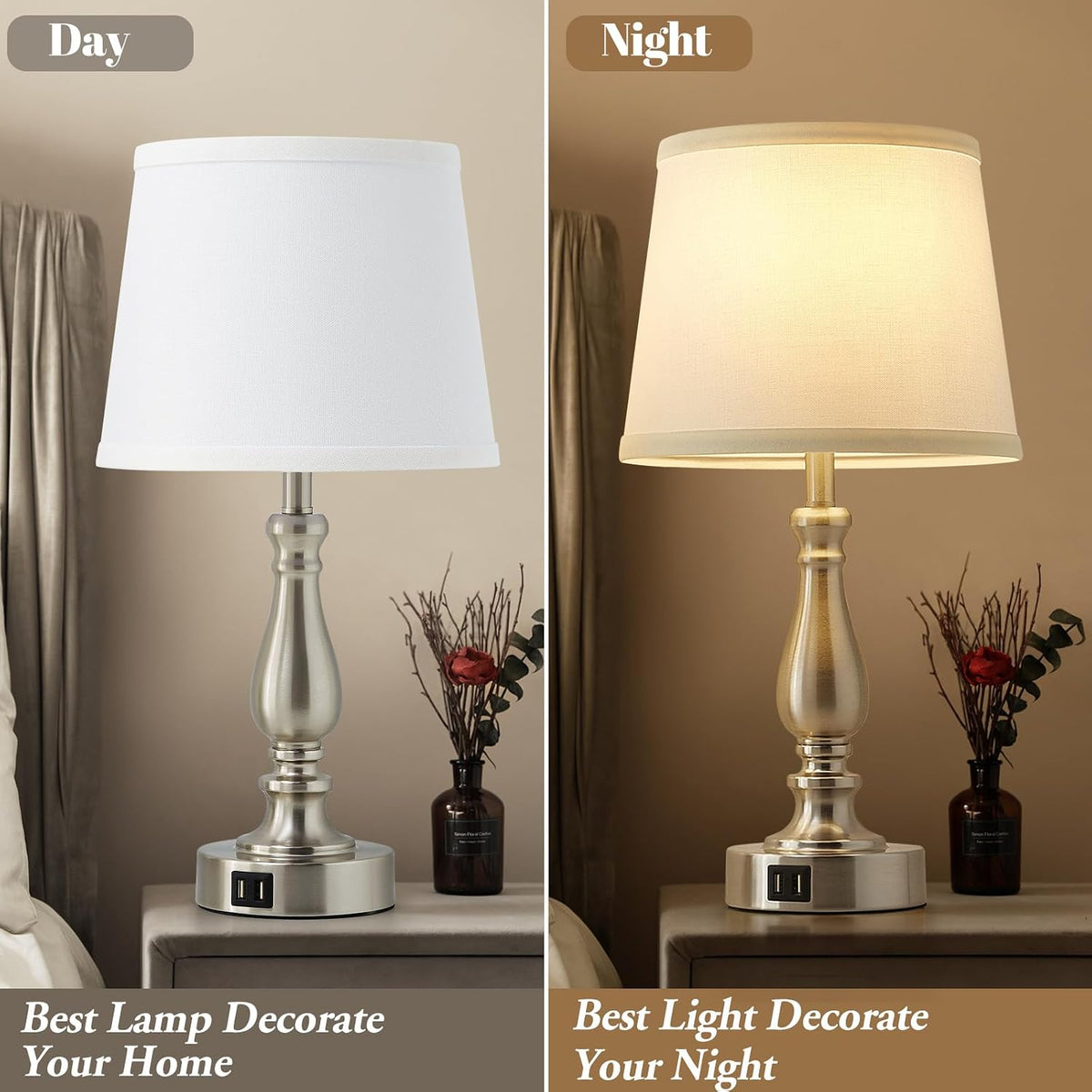 EJIAXIN Lamps for Bedrooms Set of 2, Brushed Nickel Bedside Lamps with USB C+A Ports,Dimmable Nightstand Lamps with Fabric Lampshade, Touch Table Lamp for Living Room Bedroom Office, Bulbs Included