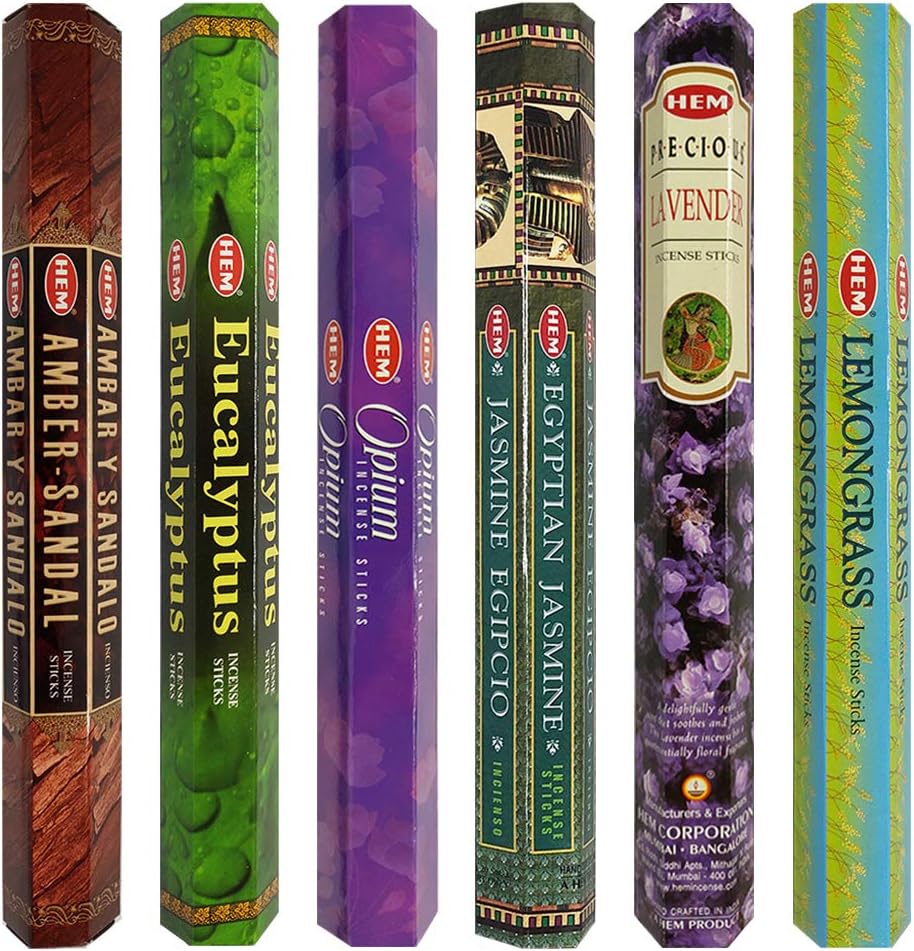 Hem Incense Sticks Variety Pack #23-120 Insence-Sticks (6 Incents x 20 Insense) + Incense Stick Holder with 6 Most Liked Scents Including Patchouli Dragons Blood White Sage Frankincense-Myrrh
