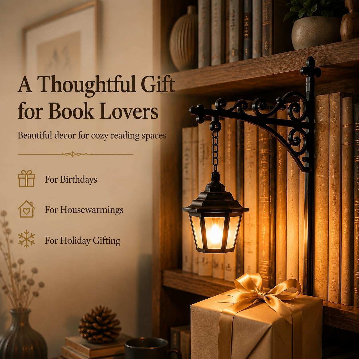 Library Lantern-Decorative Bookshelf Lighting, Mini Bookshelf Lamp Slides Between Books, Warm Amber LED Nook Light & Bookshelf Lantern for Book Nook, Shelf Decor Gift for Book Lovers(Reading Ghost)
