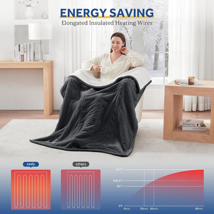Sealy Heated Blanket Throw with Built-in Button Controller, Reversible Flannel to Sherpa Electric Blanket with 2-10 Hours Auto-Off & 4 Heating Levels, Over-Heat Protection, 50x60 inch, Beige