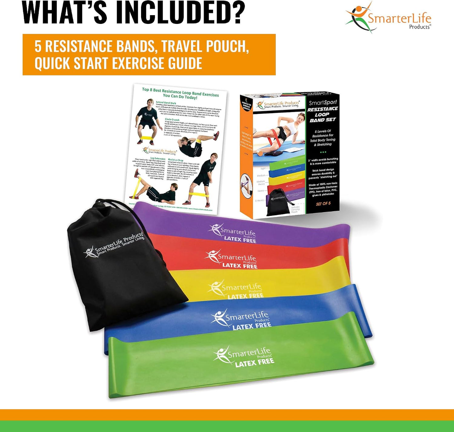 SmarterLife Resistance Bands, Set of 5 Extra Wide Latex-Free Exercise Bands | Bands for Working Out - For Women, Men - Weight Loss, Physical Therapy Bands, Booty Bands, Home Gym, Workout Guide Included