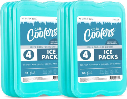 Cool Coolers by Fit & Fresh 4 Pack XL Slim Ice Packs, Quick Freeze Space Saving Reusable Ice Packs for Lunch Boxes or Coolers