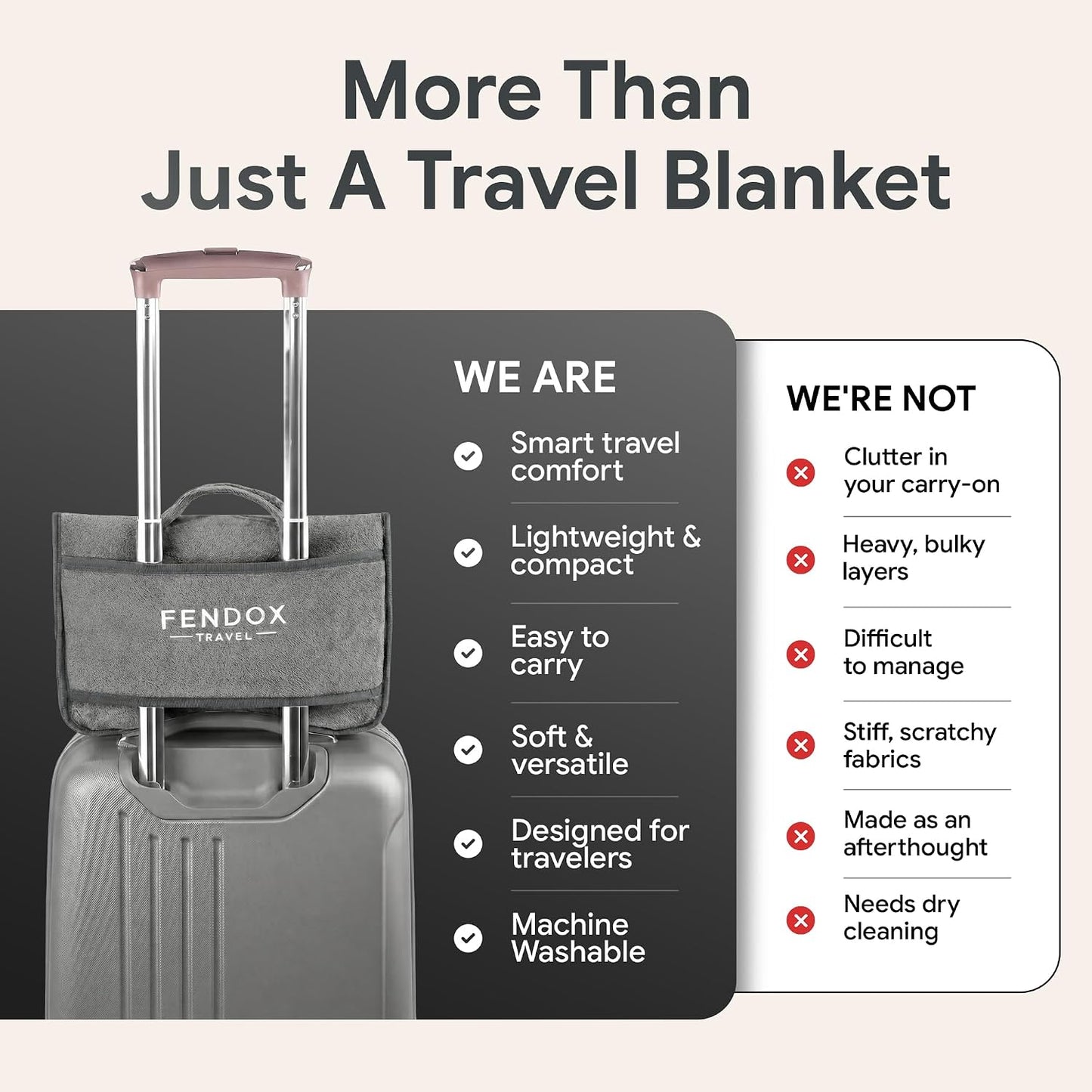 2-in-1 Travel Blanket and Pillow – Lightweight, Compact, Ultra Soft, Machine Washable – Handle, Luggage Sleeve, Backpack Clip – for Travel Airplane, Car, Office (Gray)