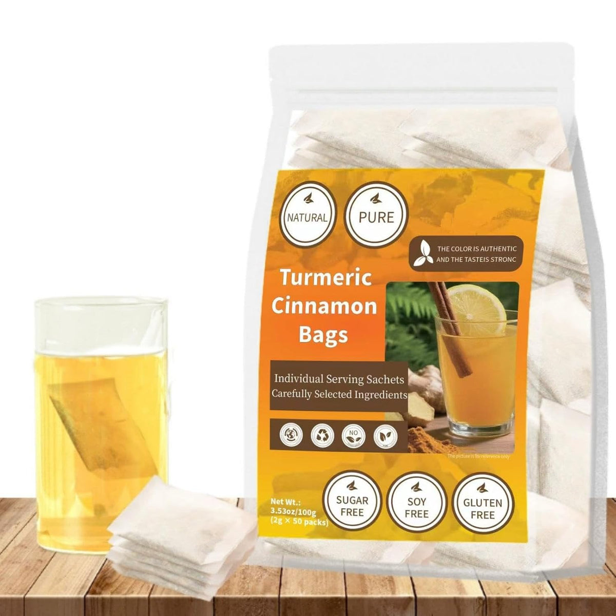 Premium Turmeric Ginger Cinnamon Tea Bags, Natural Pure Turmeric Blend Herbal Tea for digestive and immune support, Sugar-free, 50 Teabags/3.53oz